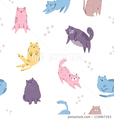 Seamless Pattern with Funny Cats. Playful and Quirky Feline Characters for Art and Design 119967163