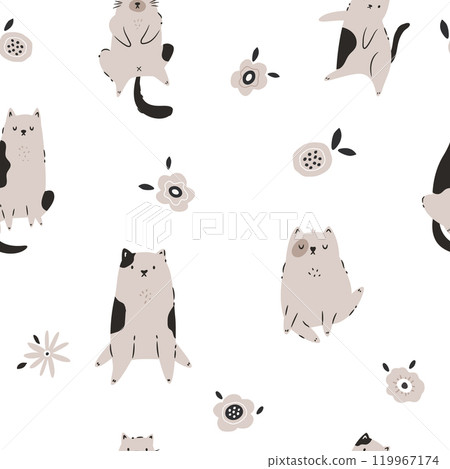 Seamless Pattern with Funny Cats. Playful and Quirky Feline Characters for Art and Design Seamless Pattern with Funny Cats. Playful and Quirky Feline Characters for Art and Design 119967174