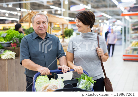 Mature couple standing in grocery store with groceries in cart 119967201