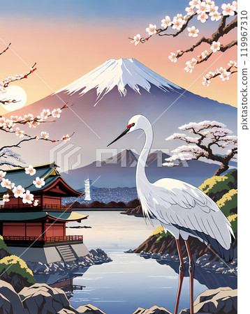 Scenery of plum blossoms and cranes in front of a Japanese-style building with Mount Fuji at sunrise in the background 119967310