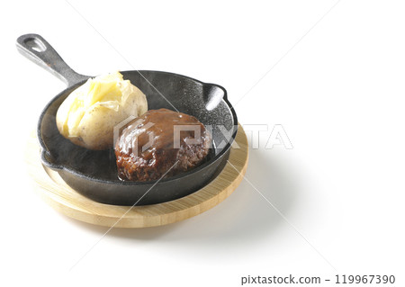 Hot hamburger steak and hot buttered potatoes photographed on a white background 119967390