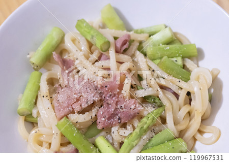 培根蘆筍炒烏龍麵圖（照片） 119967531