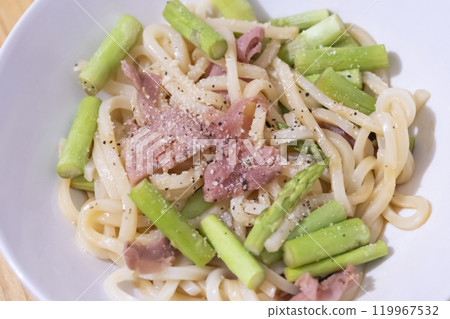 培根蘆筍炒烏龍麵圖(照片) 培根蘆筍炒烏龍麵圖(照片) 119967532