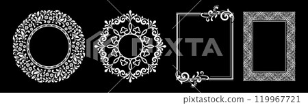 Set of decorative frames Elegant vector element for design in Eastern style, place for text. Floral black and white borders. Lace illustration for invitations and greeting cards. Set of decorative frames Elegant vector element for design in Eastern style, place for text. Floral black and white borders. Lace illustration for invitations and greeting cards. 119967721