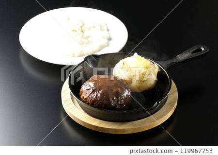 A set of hot hamburger steak, hot buttered potatoes and rice A set of hot hamburger steak, hot buttered potatoes and rice 119967753