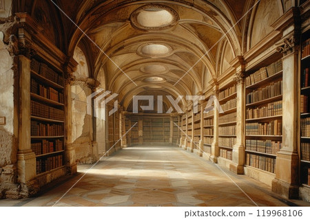 Ancient library interior with rows of bookshelves and a stone floor Ancient library interior with rows of bookshelves and a stone floor 119968106