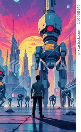a person standing in front of a robot with an urban building in the background 119968143
