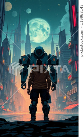 a person standing in front of a robot with an urban building in the background 119968145