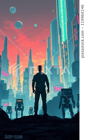 a person standing in front of a robot with an urban building in the background 119968146