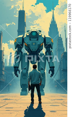 a person standing in front of a robot with an urban building in the background 119968170