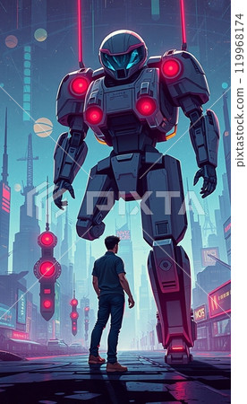 a person standing in front of a robot with an urban building in the background 119968174