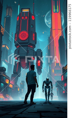 a person standing in front of a robot with an urban building in the background 119968175