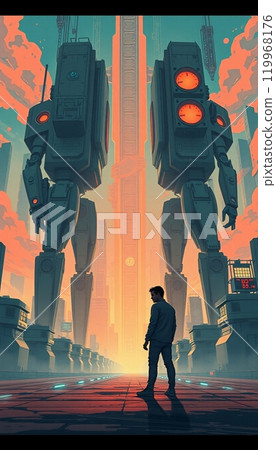 a person standing in front of a robot with an urban building in the background 119968176