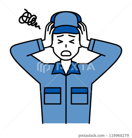 A man in overalls holding his head in worry A man in overalls holding his head in worry 119968279