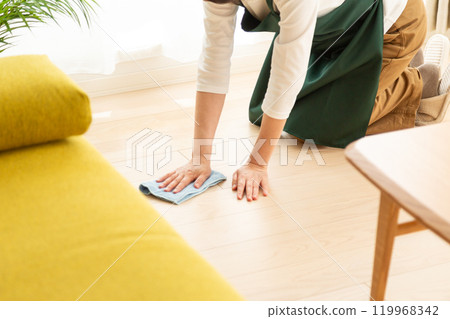A middle-aged to senior woman wiping the floor with a damp cloth 119968342