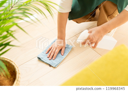 A middle-aged to senior woman wiping the floor with a rag and detergent 119968345