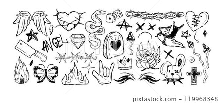 Hand drawn graffiti crayon y2k tattoo, gothic icons or charcoal doodle rock symbols 119968348