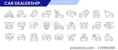 Auto sale dealership thin line icon set, automotive industry linear symbols Auto sale dealership thin line icon set, automotive industry linear symbols 119968366
