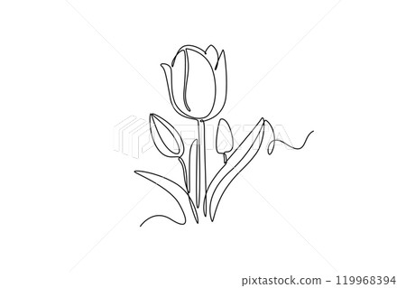 Continuous one line drawing beautiful fresh tulip flower plant. Tropical floral style, love romantic concept for poster, wall decoration ornament. Single line draw design vector graphic illustration 119968394