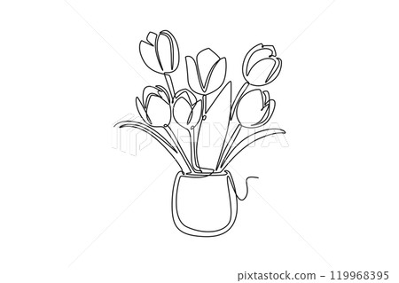 Continuous one line drawing beautiful tulips in vase. Real flower decoration. Sends fresh scent throughout the room. Plant display. National Flower Day. Single line design vector graphic illustration 119968395