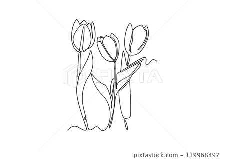 Continuous one line drawing beauty fresh tulip for garden logo identity. Decorative Netherlands nationality flower. Fashion textile or wall decoration. Single line design vector graphic illustration 119968397