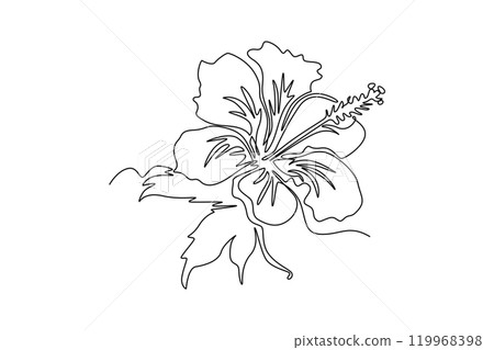 Continuous one line drawing beauty fresh hibiscus for garden logo identity. Decorative rose mallow flower concept for home wall decoration poster. Single line draw design vector graphic illustration 119968398
