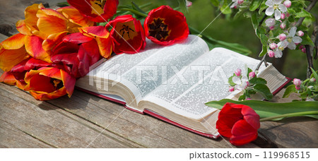 Still life from ancient book and lush boquet Still life from ancient book and lush boquet 119968515