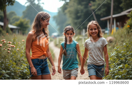 Three girls enjoy a summer walk along a rural path surrounded by greenery and flowers 119968600