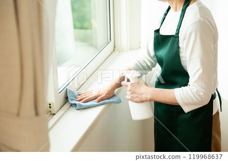 Middle-aged to senior women wiping house windows Middle-aged to senior women wiping house windows 119968637