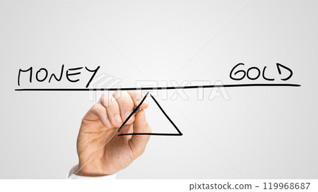 Diagram of a seesaw showing money and gold Diagram of a seesaw showing money and gold 119968687