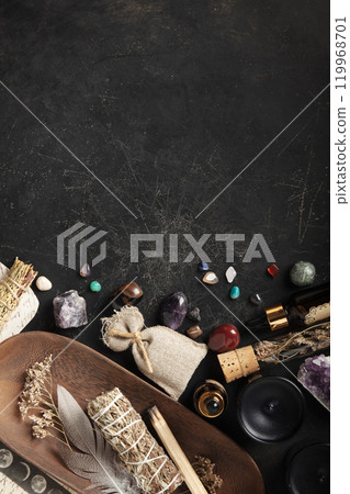 Holistic Healing Objects on Textured Dark Background 119968701