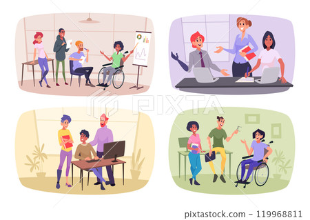 Inclusive workers. Disability people at working place connection with other persons exact vector inclusivity concept illustrations 119968811