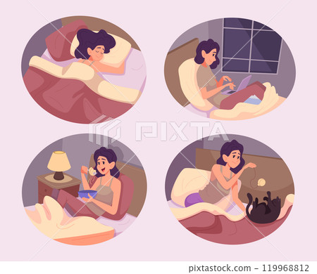 Woman in bed. People sleeping and relaxing in bed or sofa watching tv reading and dreaming exact vector characters in action poses 119968812