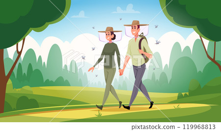 Insect prevention. Cartoon background with people bite little insects mosquitoes wasps and ants exact vector illustration 119968813