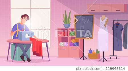 Seamstress. Tailors production designer working on workplaces with sewing machines exact vector cartoon background illustration Seamstress. Tailors production designer working on workplaces with sewing machines exact vector cartoon background illustration 119968814