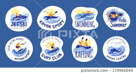 Water activities. Sub board surfing diving water sport and relax time on sea or ocean recent vector emblems with place for text Water activities. Sub board surfing diving water sport and relax time on sea or ocean recent vector emblems with place for text 119968840
