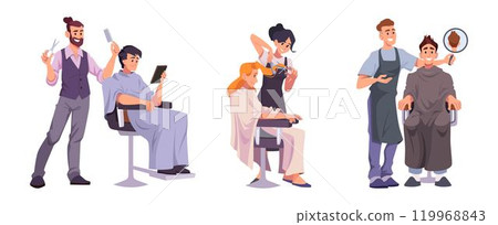 Barbers. Haircut service barbershop characters beauty salon exact vector barbers workers in cartoon style Barbers. Haircut service barbershop characters beauty salon exact vector barbers workers in cartoon style 119968843