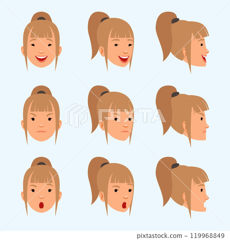 woman emotions. head with different angle views sad scary laugh happiness female emotions 119968849