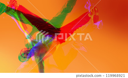 Breakdancer caught mid-spin, layered with vibrant red, green, and orange tones, dancing with dynamics. Energy and movement, passion of street dance. 119968921