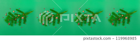 A few Tree branches with cones and mountain ash. New Year and Christmas content green background long banner ornament pattern photo A few Tree branches with cones and mountain ash. New Year and Christmas content green background long banner ornament pattern photo 119968985