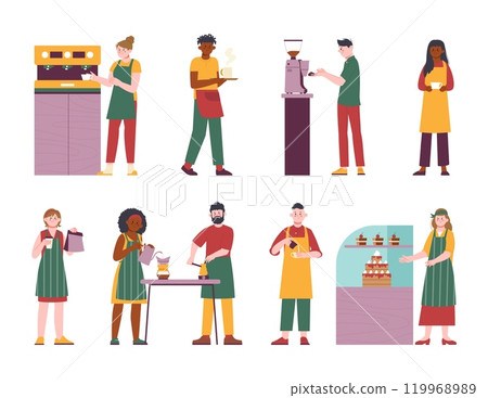 Barista characters. Young people working in cafe or coffee shop, doing espresso americano cappuccino. Girl sell fresh cakes and muffins, splendid vector set Barista characters. Young people working in cafe or coffee shop, doing espresso americano cappuccino. Girl sell fresh cakes and muffins, splendid vector set 119968989