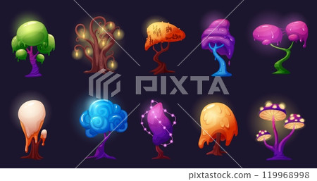 Magic fantastic tree. Fantasy tree, venomous plants from alien planet. Fairytale nature from slime, with shine lights elements, nowaday vector set 119968998