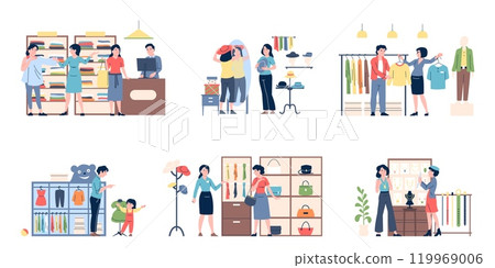 People buy clothes. Shopping scenes in stores, women men choose scarves hats jewelry, buy dresses. Clients and shop workers, recent vector scenes 119969006