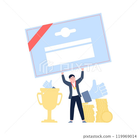 Man holding giant certificate. Education, self development, work success. Like concept, more money and privilege. Career character flat vector scene Man holding giant certificate. Education, self development, work success. Like concept, more money and privilege. Career character flat vector scene 119969014