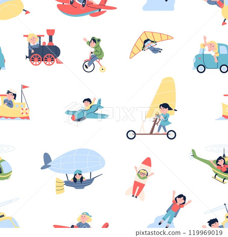 Children transport. Kids playing and driving various transport, flying on rocket and hot air balloon. Childish play, fabric print design, vector background 119969019