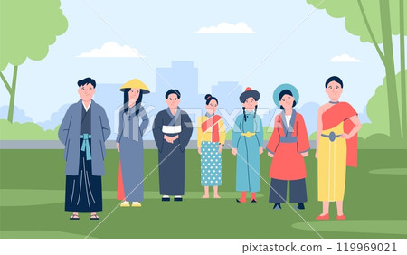 Asian traditional wearing characters standing in city park. Oriental clothes for men and women, national dresses and costumes vector scene 119969021