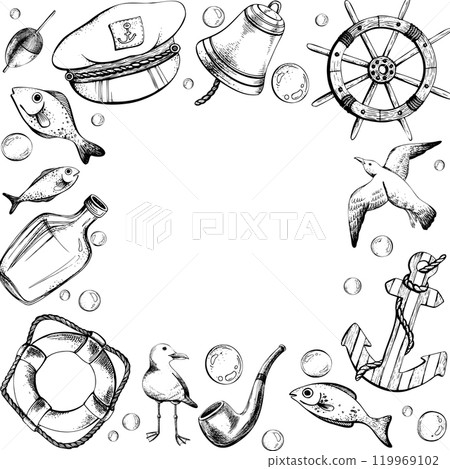 Steering wheel, lifebuoy, sea gulls, captain s cap, fish, water bladders, anchor, bottle of rum, tobacco pipe, ship s bell. Graphic linear drawing, hand drawn in black and white monochrome. nautical. 119969102