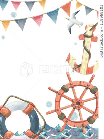 Ship steering wheel, lifebuoy, striped anchor floating on water and flying seagull with garlands of flags, bubbles. Watercolor hand-drawn illustration. Vertical frame, empty template for text Ship steering wheel, lifebuoy, striped anchor floating on water and flying seagull with garlands of flags, bubbles. Watercolor hand-drawn illustration. Vertical frame, empty template for text 119969103