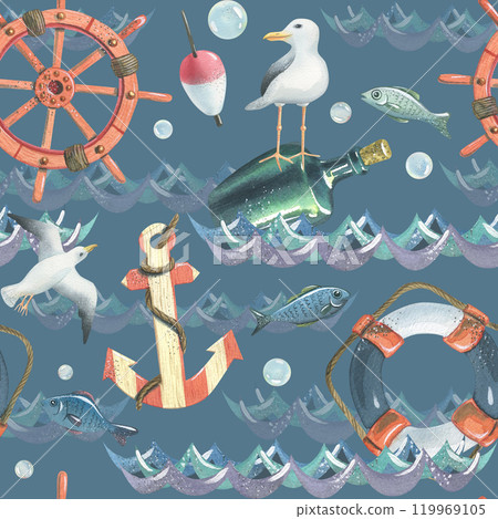 Ship steering wheel, lifebuoy, striped anchor, bottle of rum with seagull, flying seagulls, fish, fishing float, bubbles floating on water. Hand drawn watercolor illustration. Seamless pattern. 119969105