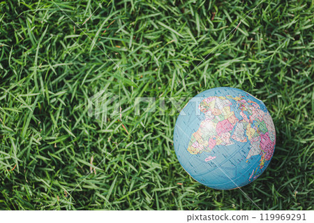 Detailed Globe Resting on Green Grass Symbolizing Global Environmental Awareness and Connection to Nature 119969291